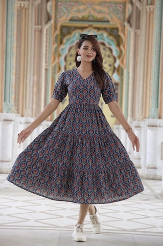 Bagru Hand Block Printed Cotton Frill One Piece Dress