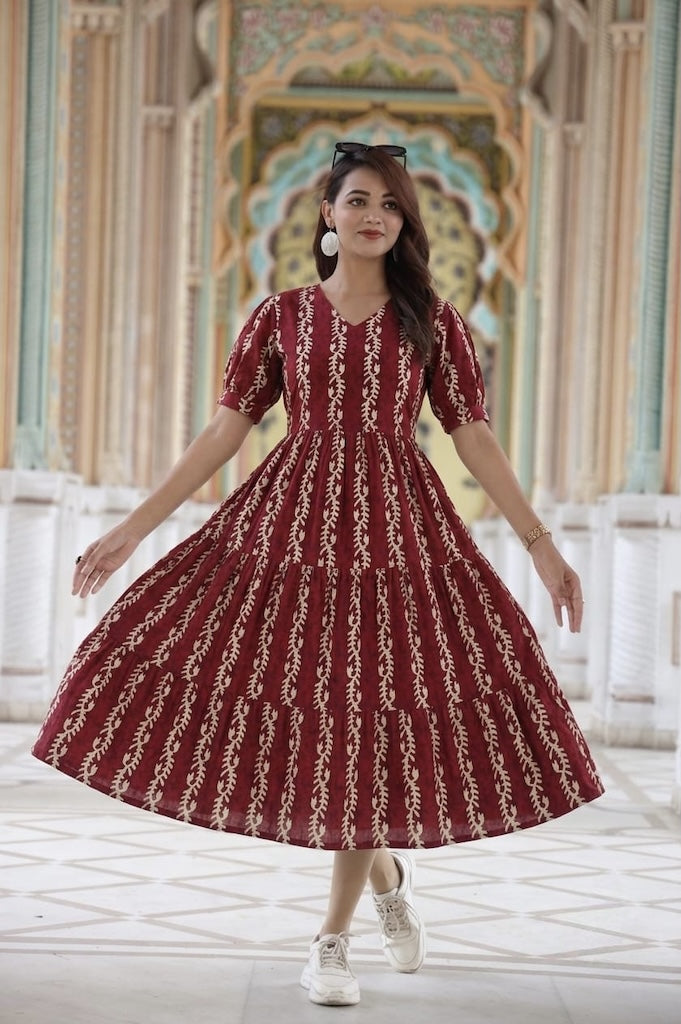 Bagru Hand Block Printed Cotton Frill One Piece Dress