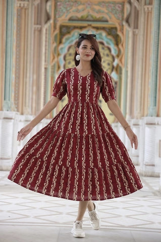 Bagru Hand Block Printed Cotton Frill One Piece Dress