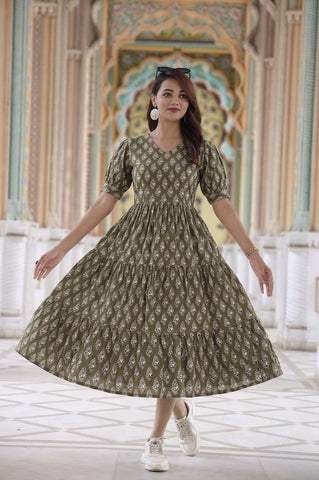 Bagru Hand Block Printed Cotton Frill One Piece Dress