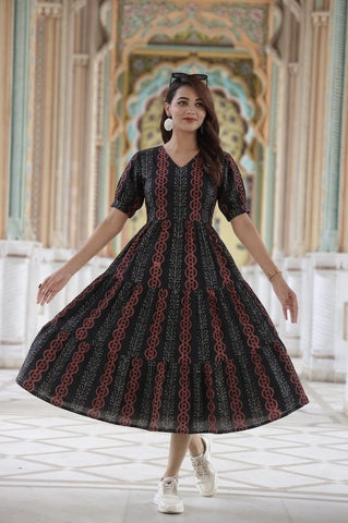 Bagru Hand Block Printed Cotton Frill One Piece Dress