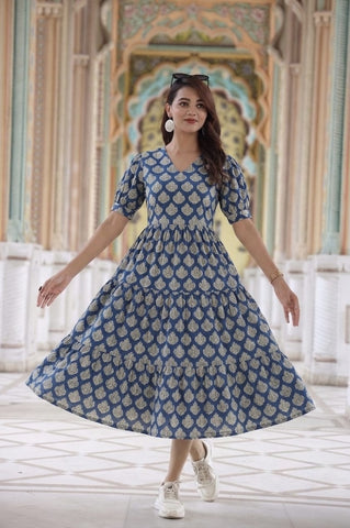 Indigo Hand Block Printed Cotton Frill One Piece Dress