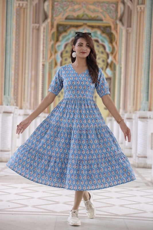 Bagru Hand Block Printed Cotton Frill One Piece Dress