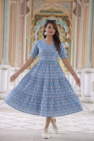 Bagru Hand Block Printed Cotton Frill One Piece Dress