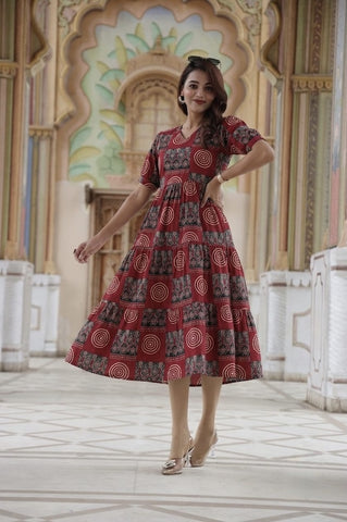 Bagru Hand Block Printed Cotton Frill One Piece Dress