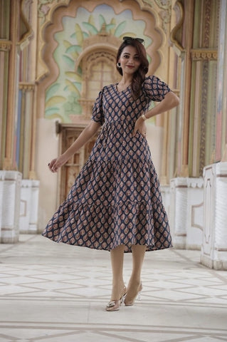 Bagru Hand Block Printed Cotton Frill One Piece Dress