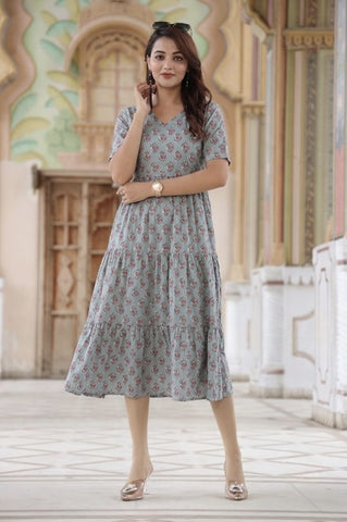 Bagru Hand Block Printed Cotton Frill One Piece Dress