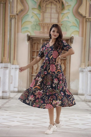 Bagru Hand Block Printed Cotton Frill One Piece Dress
