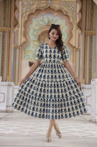 Bagru Hand Block Printed Cotton Frill One Piece Dress