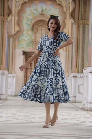 Indigo Hand Block Printed Cotton Frill One Piece Dress