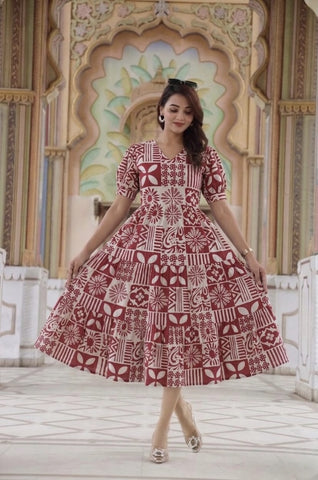 Bagru Hand Block Printed Cotton Frill One Piece Dress