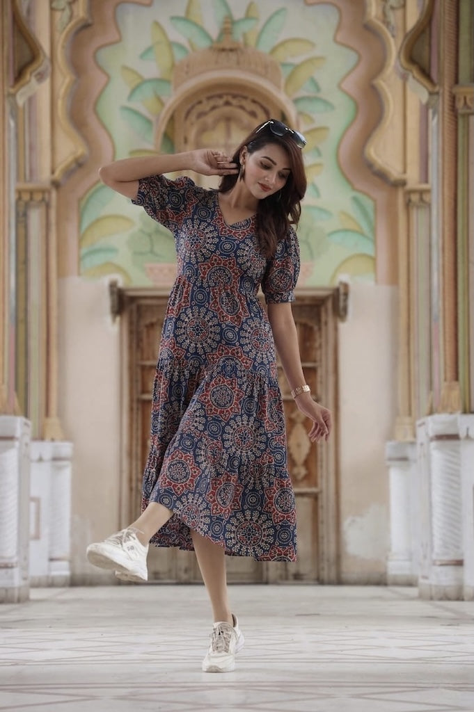 Bagru Hand Block Printed Cotton Frill One Piece Dress