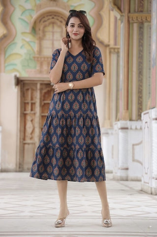 Bagru Hand Block Printed Cotton Frill One Piece Dress