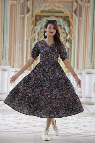 Bagru Hand Block Printed Cotton Frill One Piece Dress
