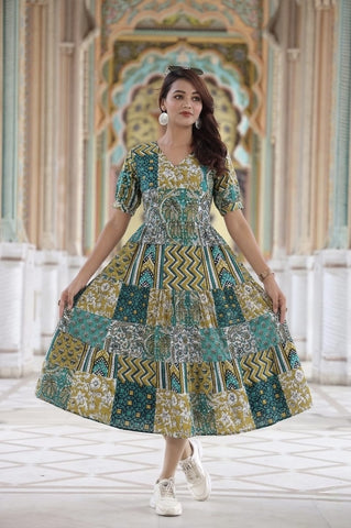 Bagru Hand Block Printed Cotton Frill One Piece Dress