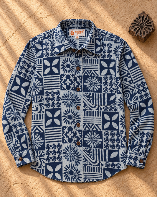 Kartikeya Jaipur Natural Print Indigo Full Sleeves Shirt -Organic ( Pre Book - Dispatch by 10th Oct )