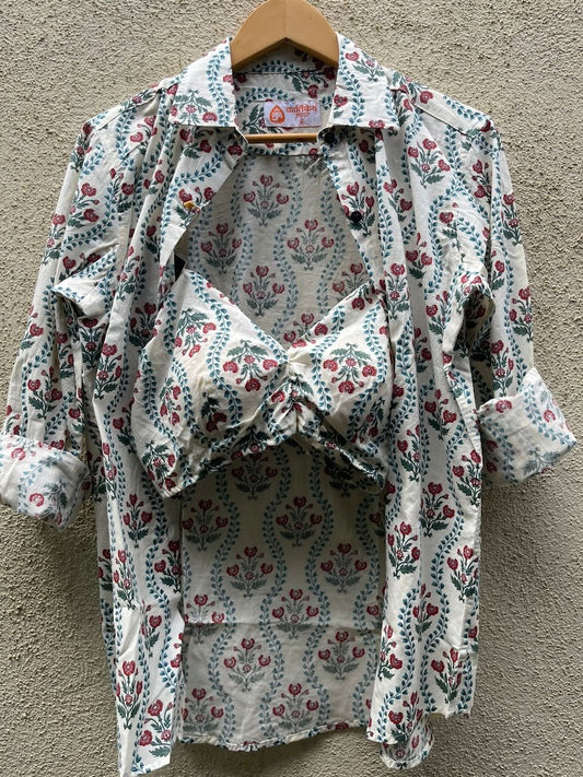 Floral Print Shirt & Bralette Combo Set