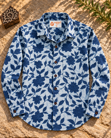 Kartikeya Jaipur Natural Print Indigo Full Sleeves Shirt -Organic ( Pre Book - Dispatch by 5TH NOV )