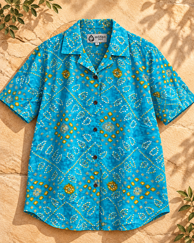 Oversized Bandhej Print Cuban Shirt For Womens