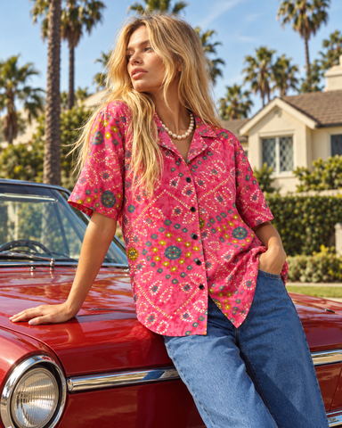 Oversized Bandhej Print Cuban Shirt For Womens - Peach
