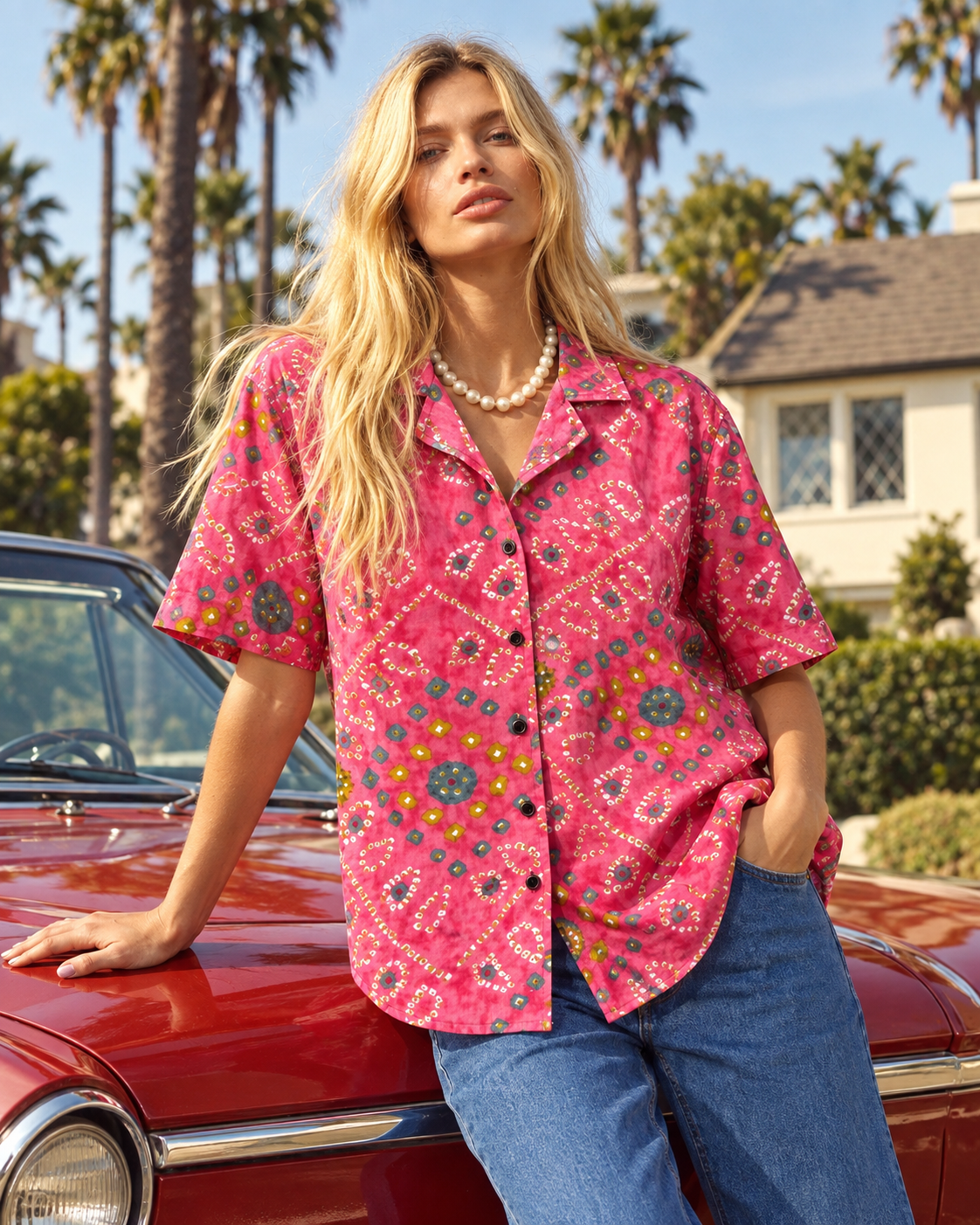 Oversized Bandhej Print Cuban Shirt For Womens - Peach