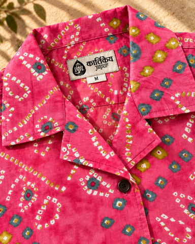 Oversized Bandhej Print Cuban Shirt For Womens - Peach