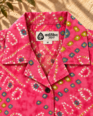 Oversized Bandhej Print Cuban Shirt For Womens - Peach