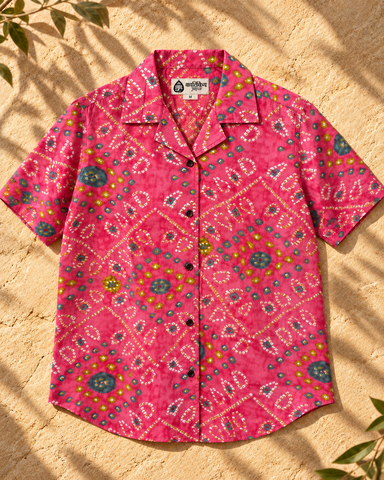 Oversized Bandhej Print Cuban Shirt For Womens - Peach