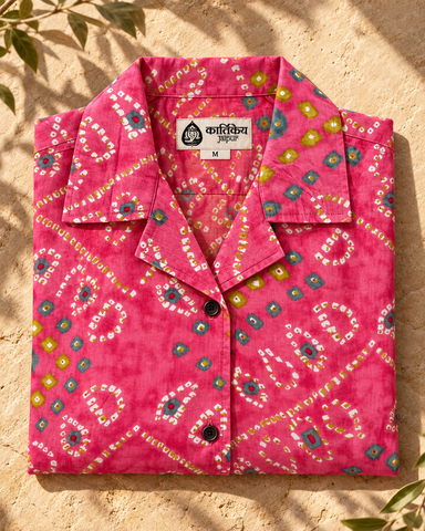 Oversized Bandhej Print Cuban Shirt For Womens - Peach