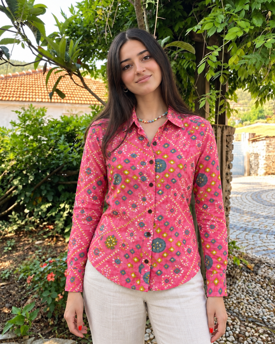 Women Traditional Bandhej Print Cotton Shirt - Peach