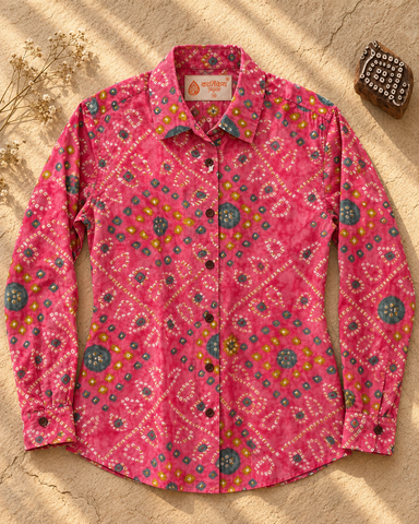 Women Traditional Bandhej Print Cotton Shirt - Peach