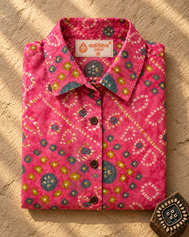 Women Traditional Bandhej Print Cotton Shirt - Peach