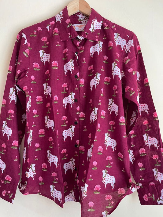Womens Pichwai Cow Print Cotton Full Sleeves Shirt