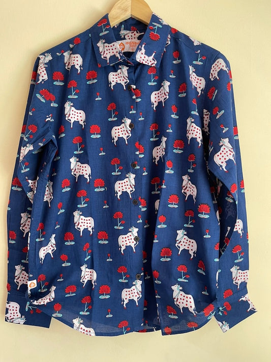 Womens Pichwai Cow Print Cotton Full Sleeves Shirt