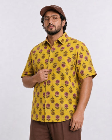 Traditional Floral Print Half Sleeve Plus Size Shirt for Men