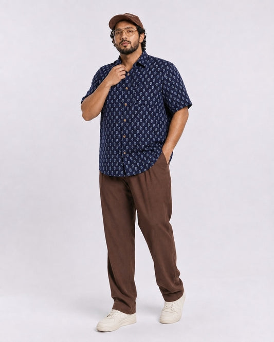 Natural Indigo Print Half Sleeve Plus Size Shirt for Men