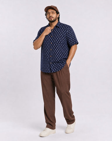 Natural Indigo Print Half Sleeve Plus Size Shirt for Men