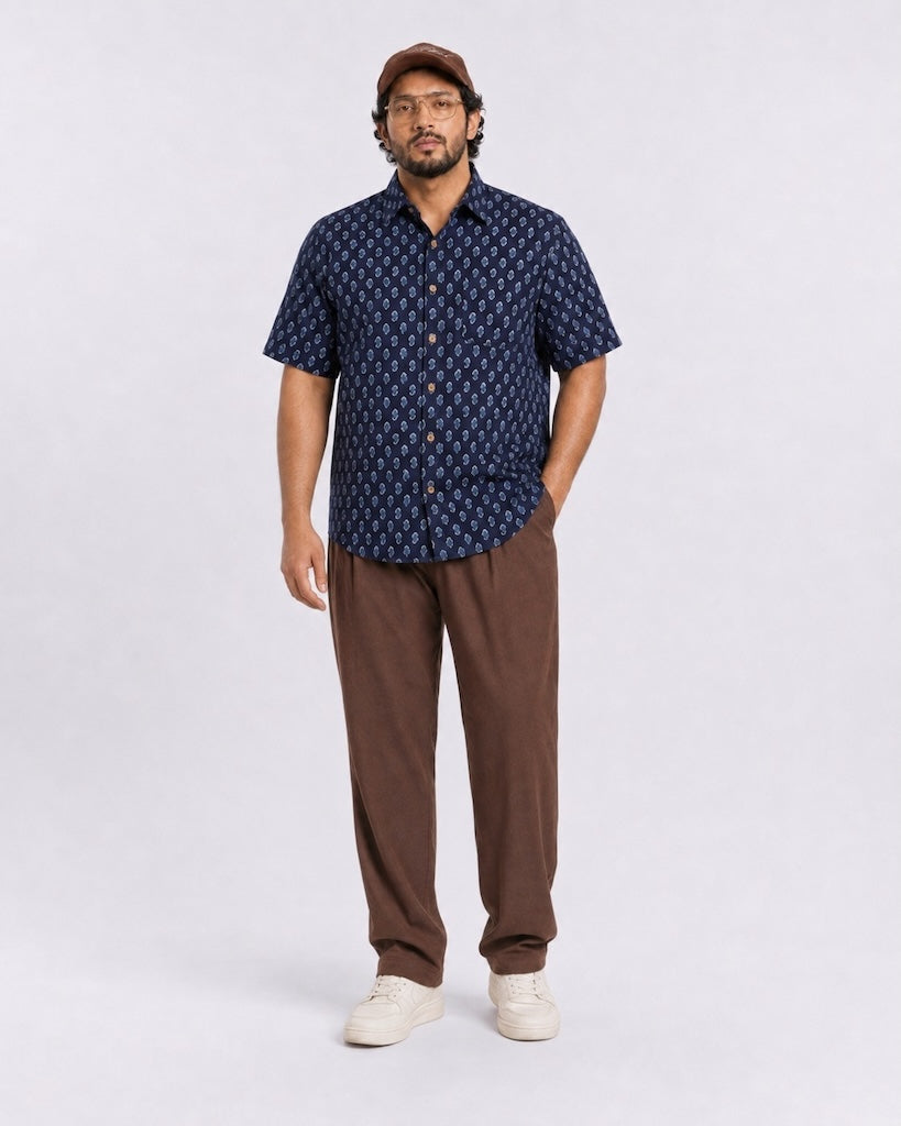 Natural Indigo Print Half Sleeve Plus Size Shirt for Men