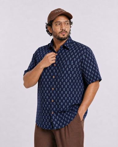 Natural Indigo Print Half Sleeve Plus Size Shirt for Men