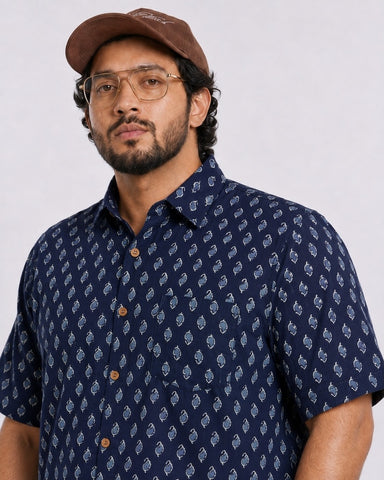 Natural Indigo Print Half Sleeve Plus Size Shirt for Men