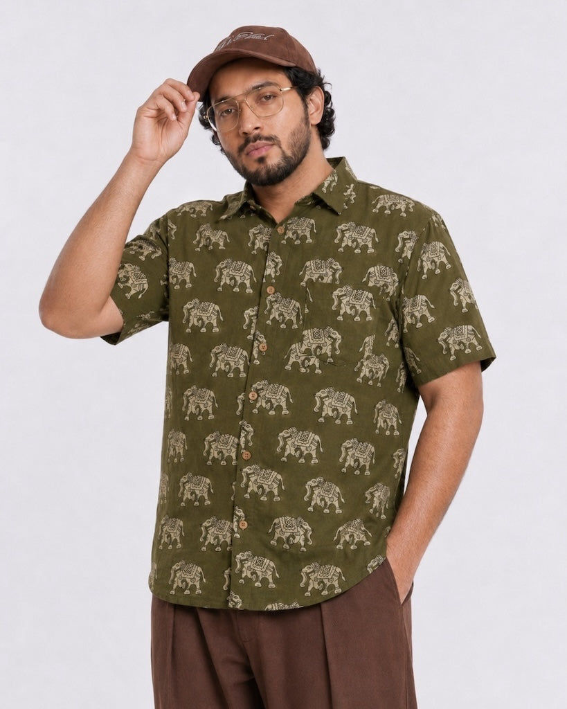 Olive Green Classic Elephant Print Half Sleeve Plus Size Shirt for Men