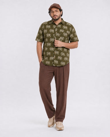 Olive Green Classic Elephant Print Half Sleeve Plus Size Shirt for Men