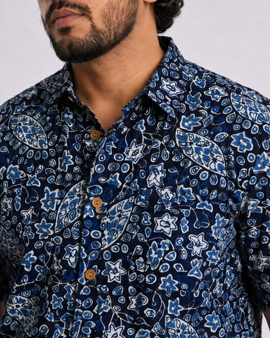 Classic Indigo Print Half Sleeve Plus Size Shirt for Men