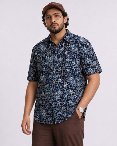 Classic Indigo Print Half Sleeve Plus Size Shirt for Men