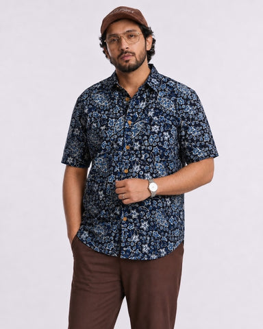 Classic Indigo Print Half Sleeve Plus Size Shirt for Men