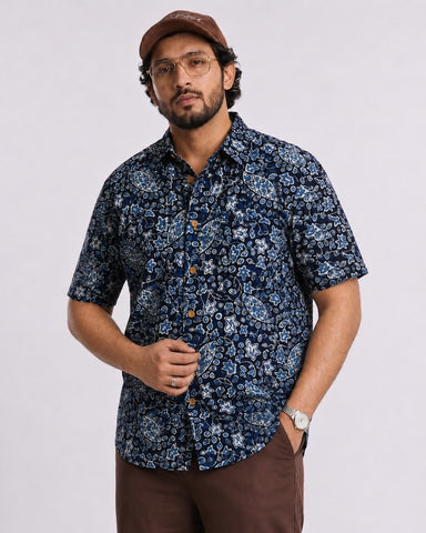 Classic Indigo Print Half Sleeve Plus Size Shirt for Men