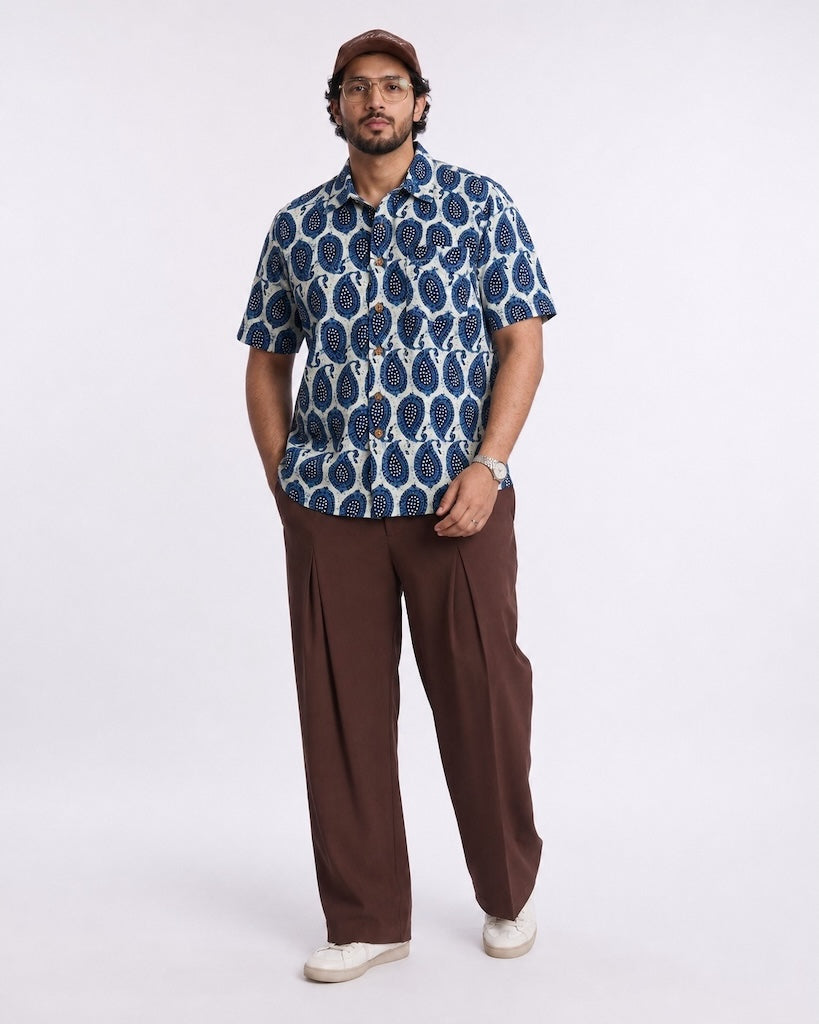 Classic Indigo Print Half Sleeve Plus Size Shirt for Men