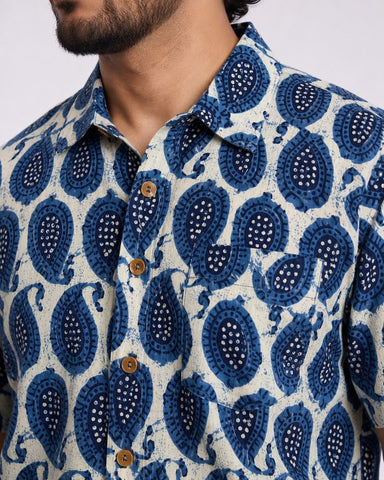 Classic Indigo Print Half Sleeve Plus Size Shirt for Men