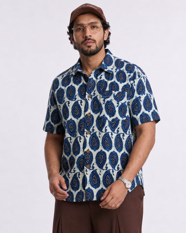 Classic Indigo Print Half Sleeve Plus Size Shirt for Men