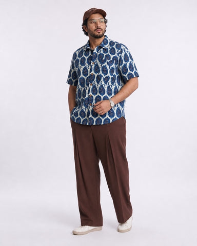 Classic Indigo Print Half Sleeve Plus Size Shirt for Men